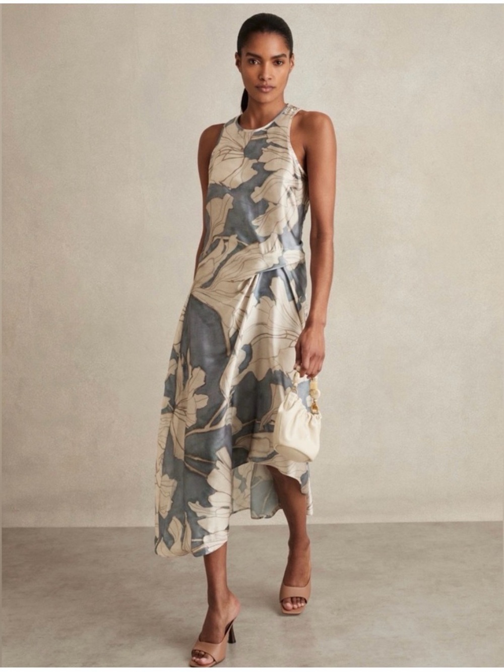 Reiss Mieke Floral Satin Drape Midi Dress